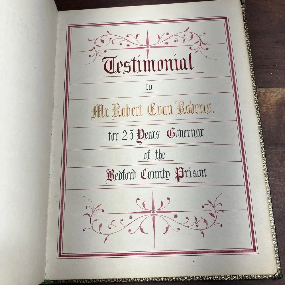 Vintage 1878 Testimonial Book Robert Evan Roberts Bedford County Prison England